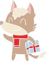 freundlicher Cartoon-Wolf im flachen Farbstil mit Geschenk vektor