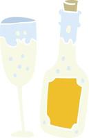Cartoon-Champagnerflasche und Glas im flachen Farbstil vektor