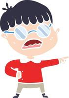 platt Färg stil tecknad serie pekande pojke bär glasögon vektor