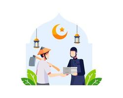 Ramadan Hintergrund mit einem jungen muslimischen Mann, der Essen spendet vektor