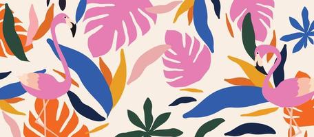 niedliche gartenblumen und blätter mit buntem muster der flamingos. Flamingovögel mit botanischen Elementen, Vektorgrafik-Design für Mode, Stoffe, Tapeten, Karten, Drucke vektor