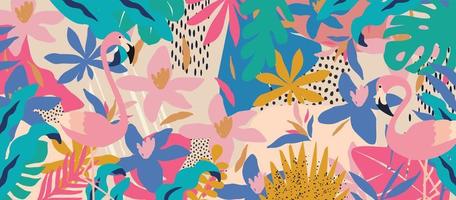 abstrakter Kunstnatur-Hintergrundvektor. süße gartenblumen, exotische blätter und buntes muster der flamingos. Botanisches Design für Banner, Wandkunst, Karten, Drucke und Stoffe vektor