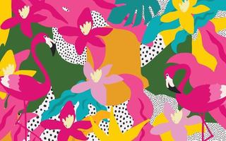 söt trädgård blommor och löv med flamingos färgrik mönster. flamingo fåglar med botanisk element vektor illustration design för mode, tyg, tapet, kort, grafik