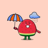 süße Cartoon-Wassermelone im Regen und mit Regenschirm vektor