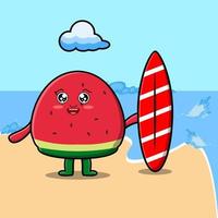 niedliche karikatur-wassermelonenfigur, die surfen spielt vektor