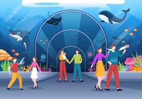 Aquarium-Vorlage handgezeichnete Cartoon-Flachillustration mit Familie und Kindern, die Unterwasserfische, die Vielfalt der Meerestiere, die Meeresflora und -fauna betrachten