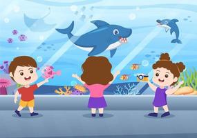 akvarium mall hand dragen tecknad serie platt illustration med barn ser på under vattnet fisk, hav djur mängd, marin flora och fauna vektor