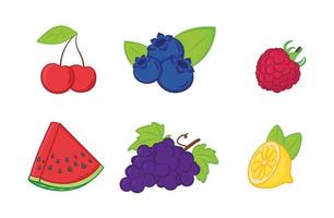 Cartoon-Früchte gesetzt. Kirsche, Heidelbeere, Himbeere, Wassermelone, Trauben, Zitrone. vektor
