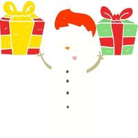 Cartoon-Schneemann im flachen Farbstil mit Geschenk vektor