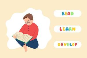 Ein Junge mit Brille liest ein Buchbanner, Bildung und Entwicklung durch Bücher. Vektor-Illustration vektor