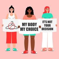 Frauenprotest. Frauen, die Zeichen meines Körpers - meine Wahl halten und in einen Lautsprecher sprechen, der auf einem weißen Hintergrund isoliert ist. Pro-Choice-Aktivisten, die das Recht auf Abtreibung unterstützen.