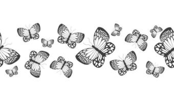 sömlös gräns baner med abstrakt svart silhuett av söt flygande fjärilar isolerat på vit bakgrund för dekorativ tejp vektor