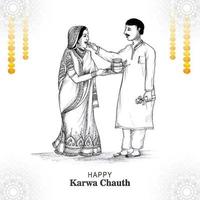 glückliche karwa chauth festivalkarte mit indischem copule-skizzenhintergrund vektor