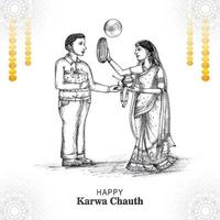glückliche karwa chauth festivalkarte mit indischem copule-skizzenhintergrund vektor