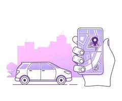 smartphone navigering med punkt plats Karta i de city.car satellit urban navigering gps.hatchback urban suv.silhouette av skyskrapor.hand innehar tablett.platt översikt illustration vektor. vektor