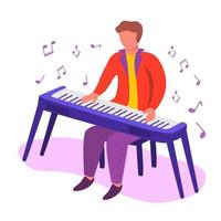 Zeichentrickfigur des männlichen Pianisten über E-Piano. musikalisches Keyboard-Synthesizer-Instrument isoliert auf weißem Hintergrund. Vektorillustration. Konzeptsymbole für Clubs und Konservatorien. vektor