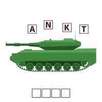 Spiel Wörter Puzzle Militärpanzer. bildung entwickelndes kind. rätsel für vorschule. flacher illustrationskarikaturcharaktervektor. vektor