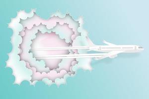 pastellpapperkonst av flygplan som flyger från molnen vektor