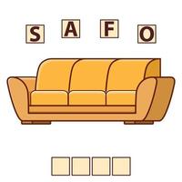 Spiel Wörter Puzzle Möbel Sofa. bildung entwickelndes kind. rätsel für vorschule. flacher illustrationskarikaturcharaktervektor. vektor