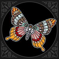 bunte Schmetterlings-Mandala-Kunst isoliert auf schwarzem Hintergrund vektor