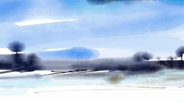 abstrakter aquarelllandschaftshintergrund mit sommergelbem feld, bäumen, himmel mit wolken vektor