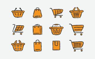 Einkaufswagen-Icon-Set. Sammlung von Web-Icons für Online-Shops, aus verschiedenen Warenkorb-Icons in verschiedenen Formen. Skizze handgezeichnete Icon-Set vektor