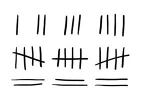 Linien von eins bis vier durchgestrichen mit einem Diagonalstab von fünf. Strichmarkierungen oder Gefängnismarkierungen isoliert. vier Stöcke, die von der Linie durchgestrichen sind. vektorillustration von schwarzen zählerzeichen. vektor