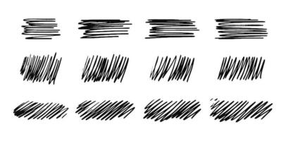 Satz gezeichneter Schraffurlinien diagonaler, vertikaler oder paralleler Striche. eine Reihe von handgezeichneten, durchgestrichenen Kritzeleien. vektorvorratillustration lokalisiert auf weiß. vektor