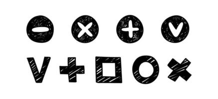 Kontrollkästchen innerhalb des schattierten Kreises, Minus, Plus, X, V. Handgezeichnete Kritzelhäkchen. ddul set vektorillustration verschiedener zeichen richtiger oder falscher antwort, erledigt, abstimmung. vektor
