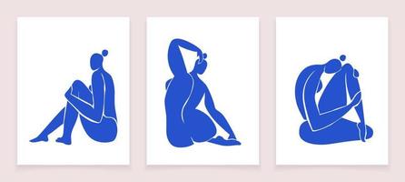 weibliche figuren inspiriert von henry matisse. Schneiden Sie weibliche Körper in verschiedenen Posen auf einem weißen Hintergrund in Blau aus. zeitgenössische Kunst. trendige vektorillustration von vertikalen postern isoliert. vektor