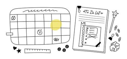 satz gezeichneter kalender, planer und papierstapel mit notizen und sortiertem schreibwaren. gekritzelblatt aus zerknittertem papier, lineal, büroklammern, stift mit einem stern. Planer mit Wochentagsstempeln. vektor