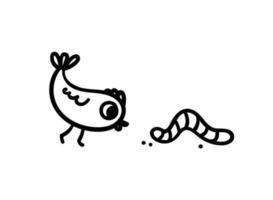 Ein süßes Küken beobachtet den kriechenden Wurm. gekritzelillustration eines vogels, der mit einem wurm spielt oder ihn essen will. Vektorskizze von Geflügel und Futter isoliert auf weißem Hintergrund. vektor