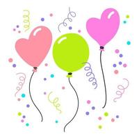 drei fliegende ballons gesetzt. vektor handgezeichnete illustration. herz und runde luftballons mit konfetti und kurvenbändern herum.