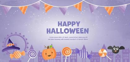 hhappy halloween banner mit süßer hexe und süßigkeiten im aquarellstil. vektor