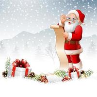 julbakgrund med jultomten som läser en lång lista med presenter vektor