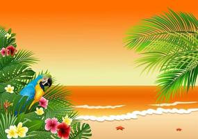 Karte mit tropischem Strand, tropischen Pflanzen und Papagei vektor