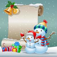 weihnachtskarte mit einem schneemann und geschenkboxen auf winterhintergrund vektor