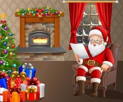 der weihnachtsmann liest im wohnzimmer eine liste mit geschenken vektor