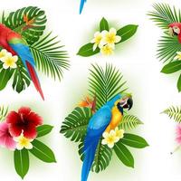 Nahtloses Muster aus tropischen Blumen, tropischen Blättern und Papageien vektor