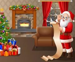 der weihnachtsmann liest im wohnzimmer eine lange liste mit geschenken vektor
