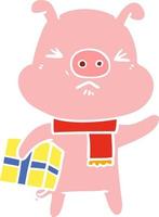 platt Färg stil tecknad serie arg gris med jul närvarande vektor