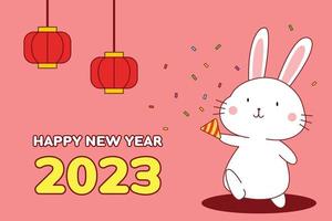 Lycklig ny år 2023 med söt kanin tecknad serie. karaktär design. vektor illustration