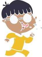 platt Färg stil tecknad serie pojke bär glasögon och löpning vektor