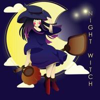 en häxa flicka flygande med henne kvast under de måne ljus bärande en pumpa på natt. vektor