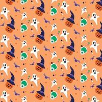 halloween bakgrund häxa tema element illustration på orange bakgrund sömlös mönster i vektor. vektor