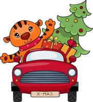 en söt liten tiger enheter en röd bil och bär en jul träd med gåvor. ny år ClipArt. vektor