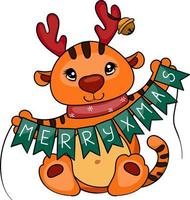 söt liten tiger rider gratulerar på jul. jul karaktär. ny år ClipArt. vektor