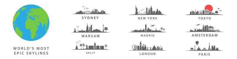 samling av världens mest episk skylines, stor städer på klot, Warszawa, ny york, sydeny, tokyo, amsterdam, london, paris vektor