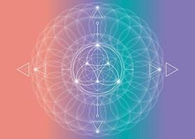 Heilige Geometrie, Blume des Lebens, Lotusblumenmandala. neon vintage logo symbol für harmonie und balance, leuchtende geometrische verzierung, yoga entspannen, vektor isoliert auf buntem hintergrund