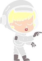 platt Färg stil tecknad serie Söt astronaut flicka pekande vektor